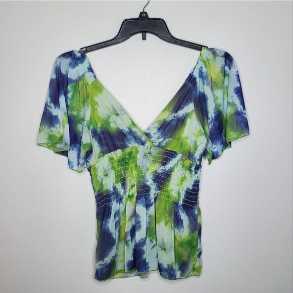 Cha Vente M Tie Dye Top Green Blue Boho V Neck - Picture 4 of 10